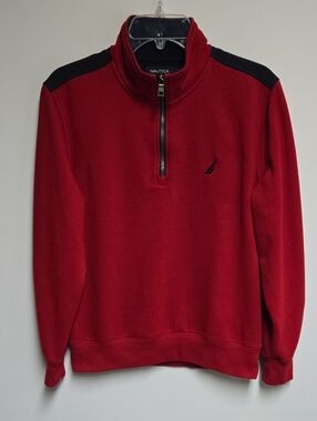 Nautica Men's Red Quarter-Zip Pullover with Navy Blue Shoulder Accents Small